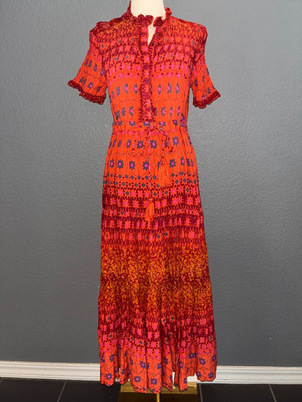 FREE PEOPLE Rare Feeling Maxi Dress Red Pink Floral Boho Plissé Tiered - EUC - S